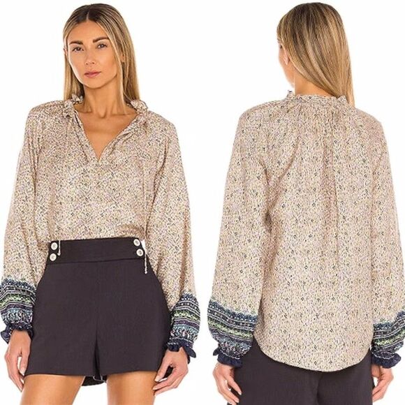 Veronica Beard Antonette Printed Silk Long Sleeve Top Size 0 100% Silk Chic